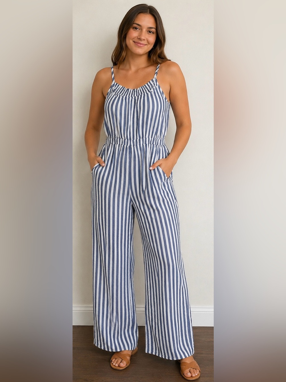 Cozy Casual Blue & White Striped Wide-Leg Jumpsuit